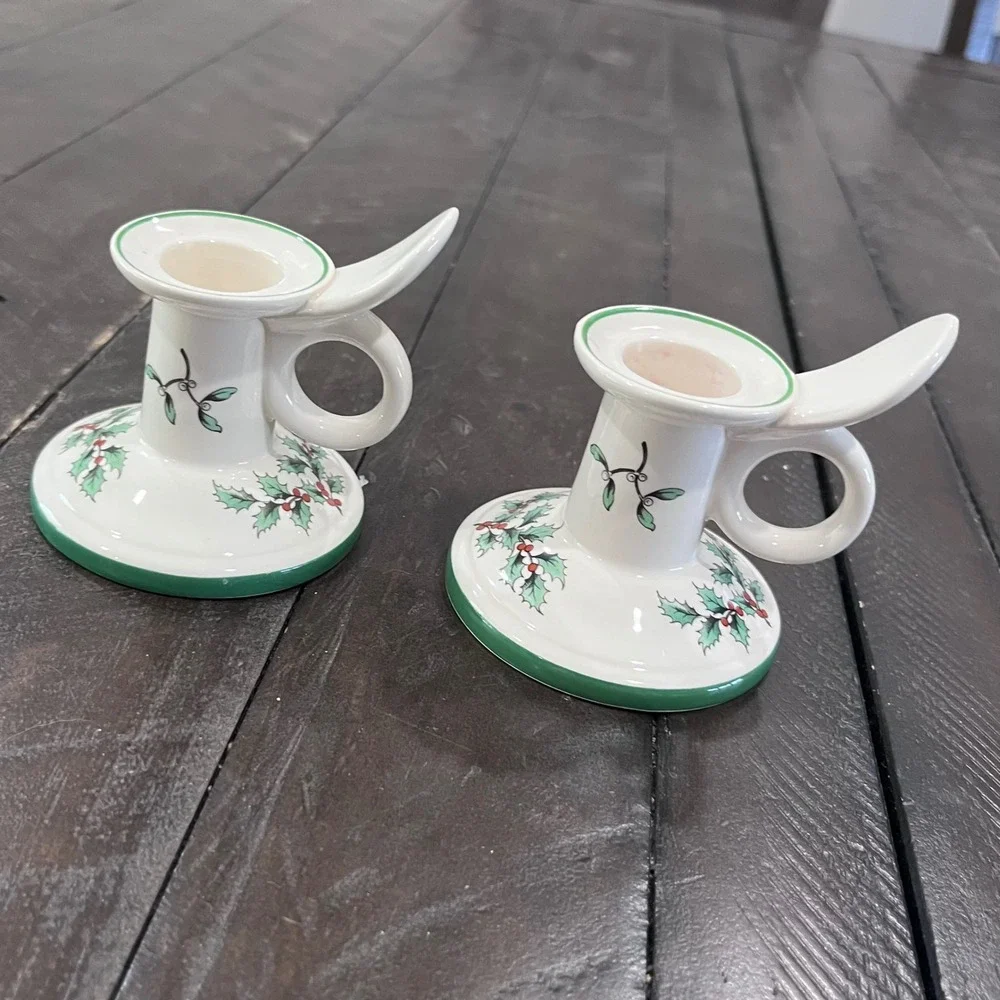 Spode Christmas‎ Tree Chamberstick Candle Holders Set of 2 Holly Berry England